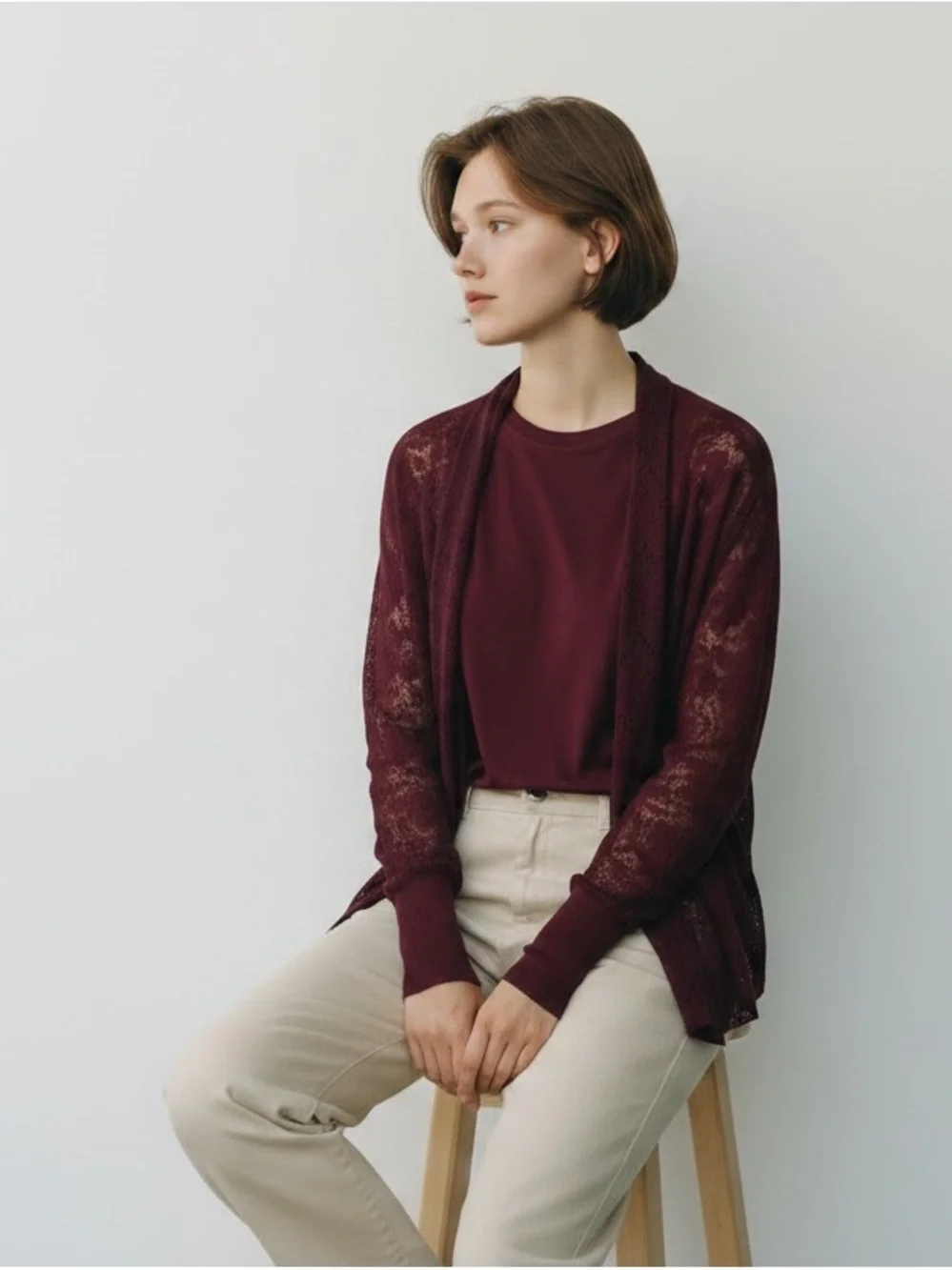 Eileen Fisher 2-Pc Twin Set Silk Top w/ Lace Cardigan Burgundy M/L